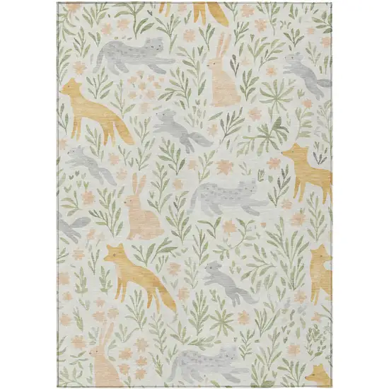 Ivory And Pink Botanical Leaves Washable Indoor Outdoor Area Rug Photo 1