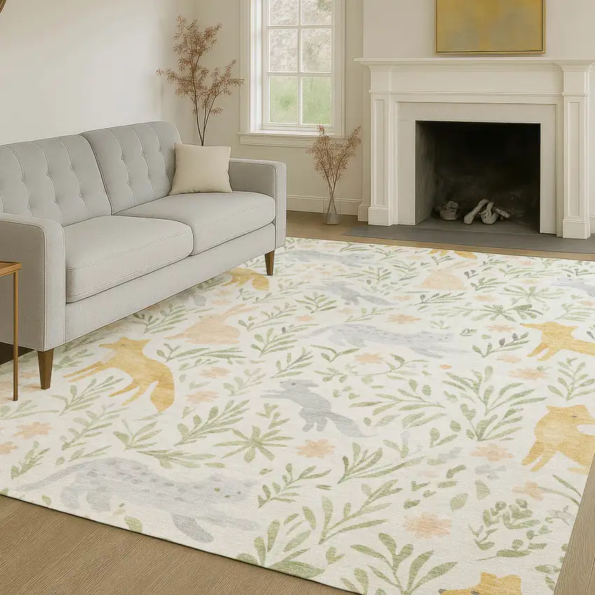Ivory And Pink Botanical Leaves Washable Indoor Outdoor Area Rug Photo 6