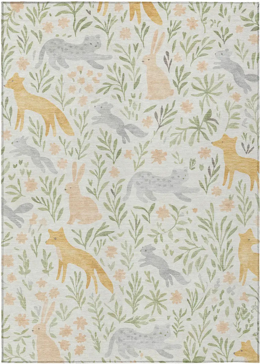 Ivory And Pink Botanical Leaves Washable Indoor Outdoor Area Rug Photo 1