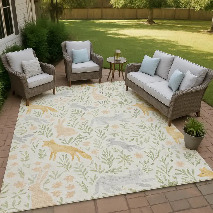 Ivory And Pink Botanical Leaves Washable Indoor Outdoor Area Rug Photo 4