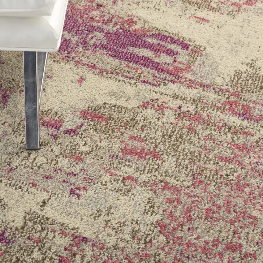 4' X 4' Ivory And Pink Round Abstract Power Loom Non Skid Area Rug Photo 6