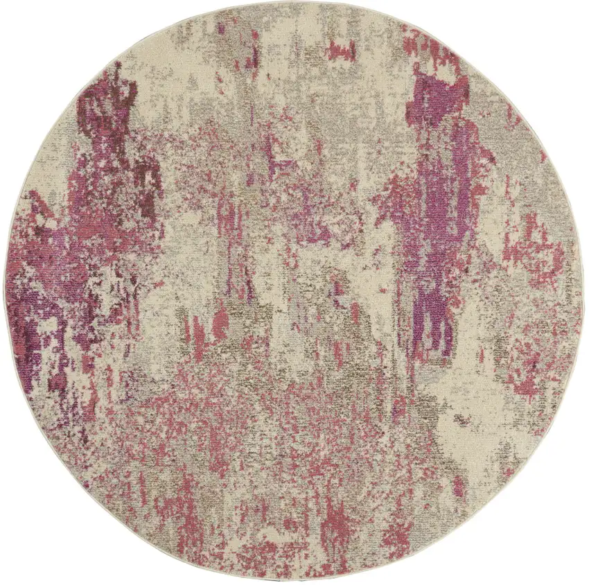 4' X 4' Ivory And Pink Round Abstract Power Loom Non Skid Area Rug Photo 4