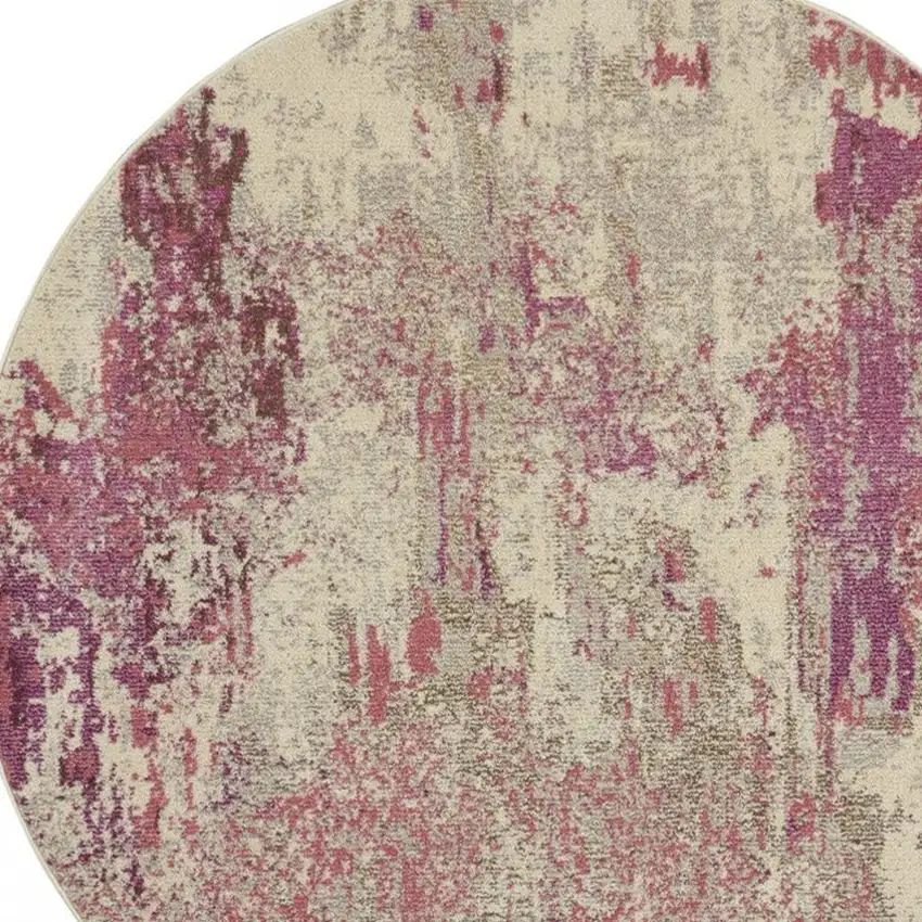4' X 4' Ivory And Pink Round Abstract Power Loom Non Skid Area Rug Photo 3
