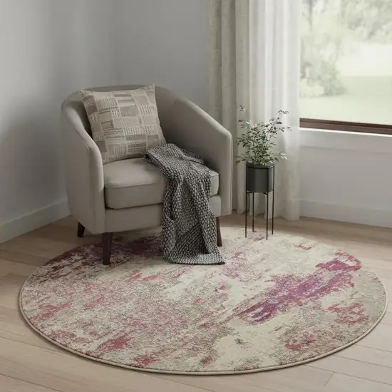 4' X 4' Ivory And Pink Round Abstract Power Loom Non Skid Area Rug Photo 1