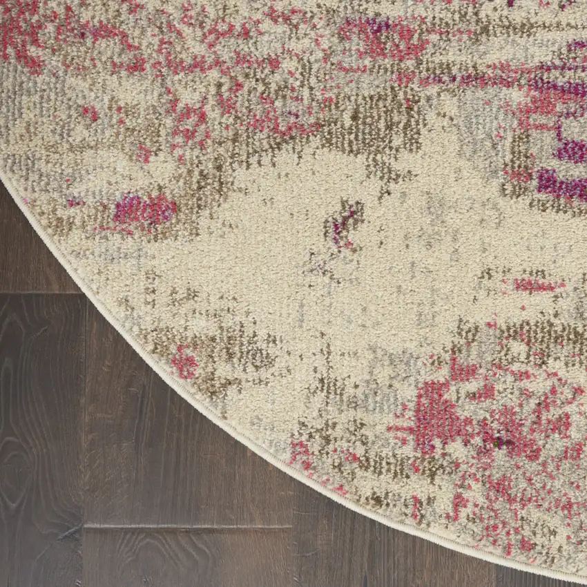 5' X 5' Ivory And Pink Round Abstract Power Loom Non Skid Area Rug Photo 8