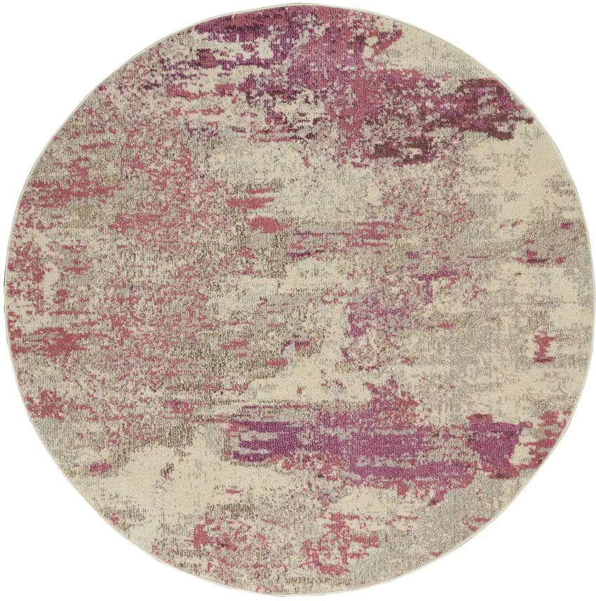 5' X 5' Ivory And Pink Round Abstract Power Loom Non Skid Area Rug Photo 4