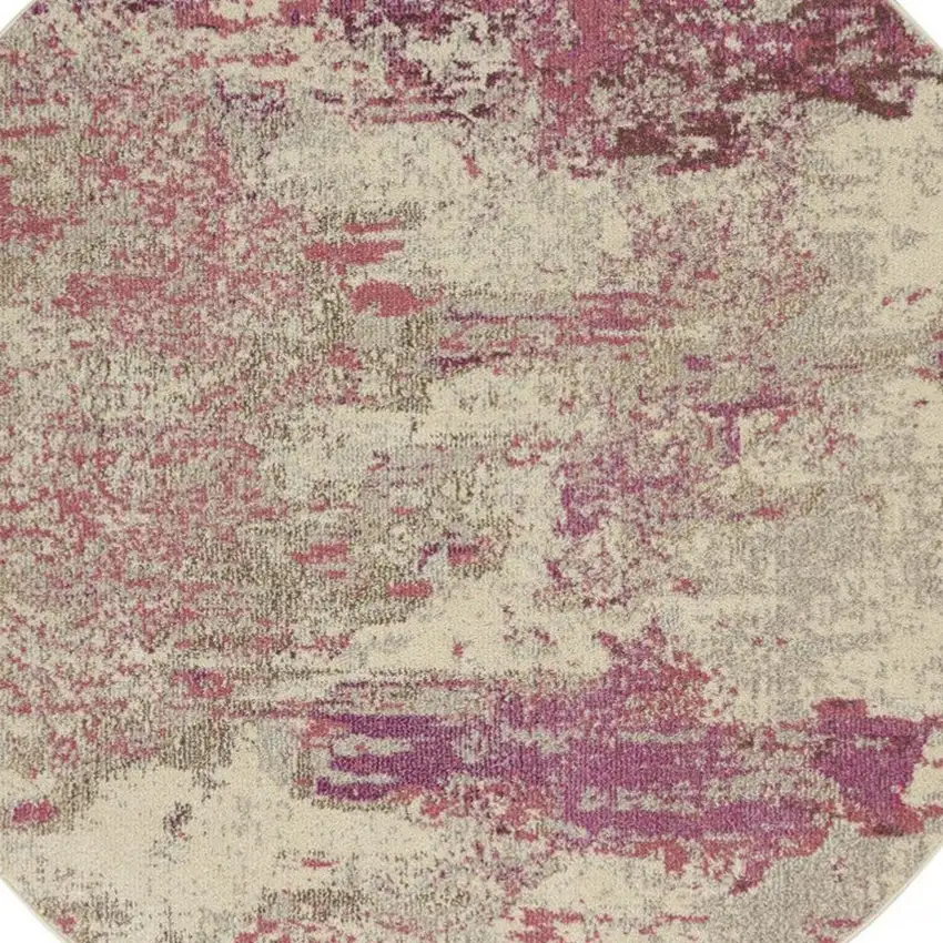 5' X 5' Ivory And Pink Round Abstract Power Loom Non Skid Area Rug Photo 3