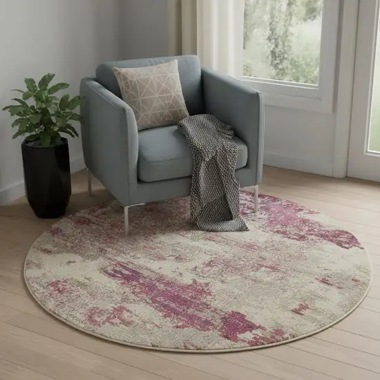 5' X 5' Ivory And Pink Round Abstract Power Loom Non Skid Area Rug Photo 1
