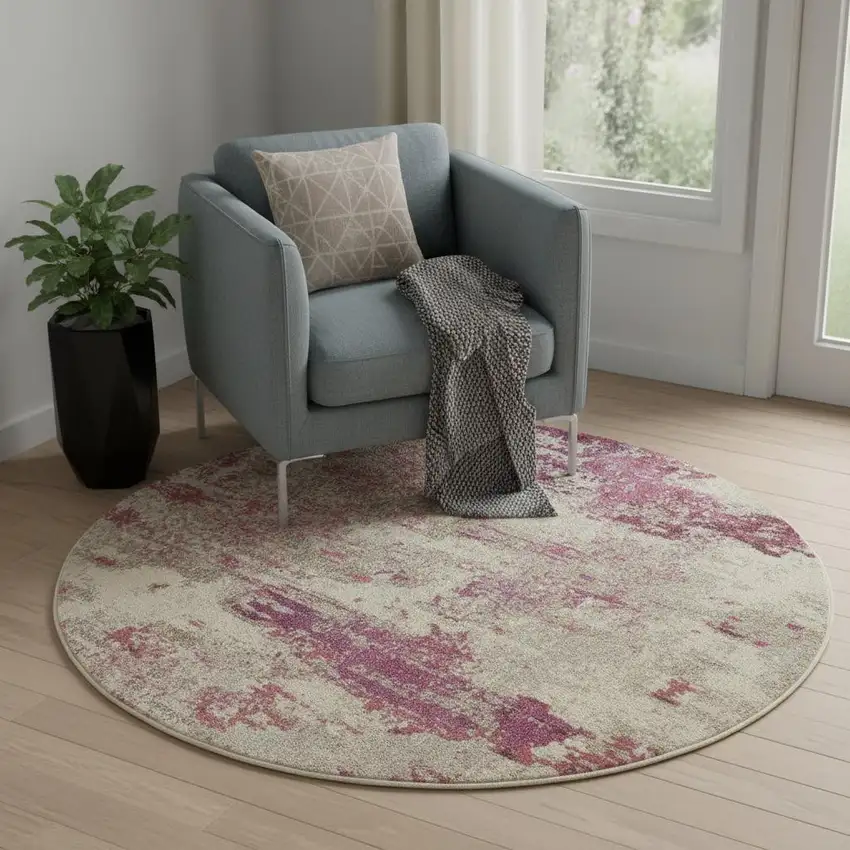 5' X 5' Ivory And Pink Round Abstract Power Loom Non Skid Area Rug Photo 1