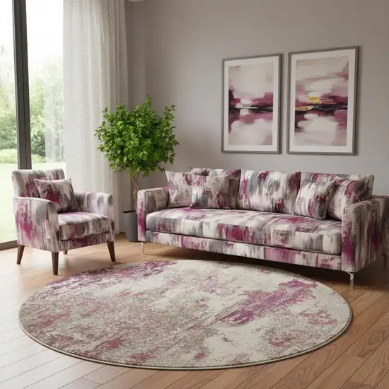 8' X 8' Ivory And Pink Round Abstract Power Loom Non Skid Area Rug Photo 1