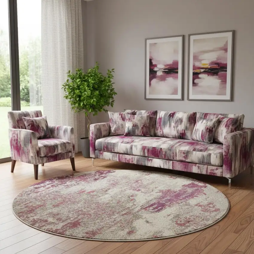 8' X 8' Ivory And Pink Round Abstract Power Loom Non Skid Area Rug Photo 1