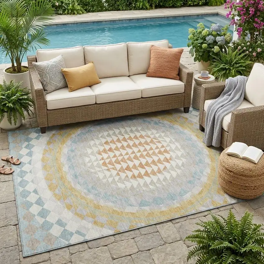 Ivory And Plum Geometric Washable Indoor Outdoor Area Rug Photo 1