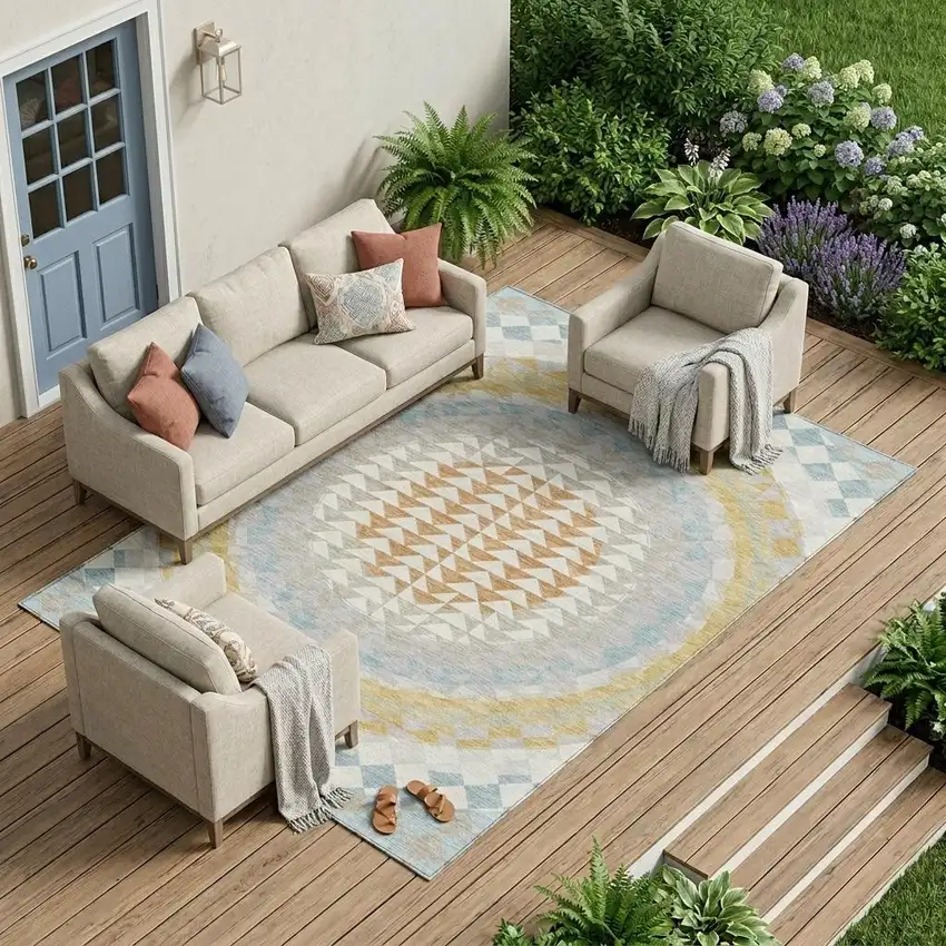 Ivory And Plum Geometric Washable Indoor Outdoor Area Rug Photo 1