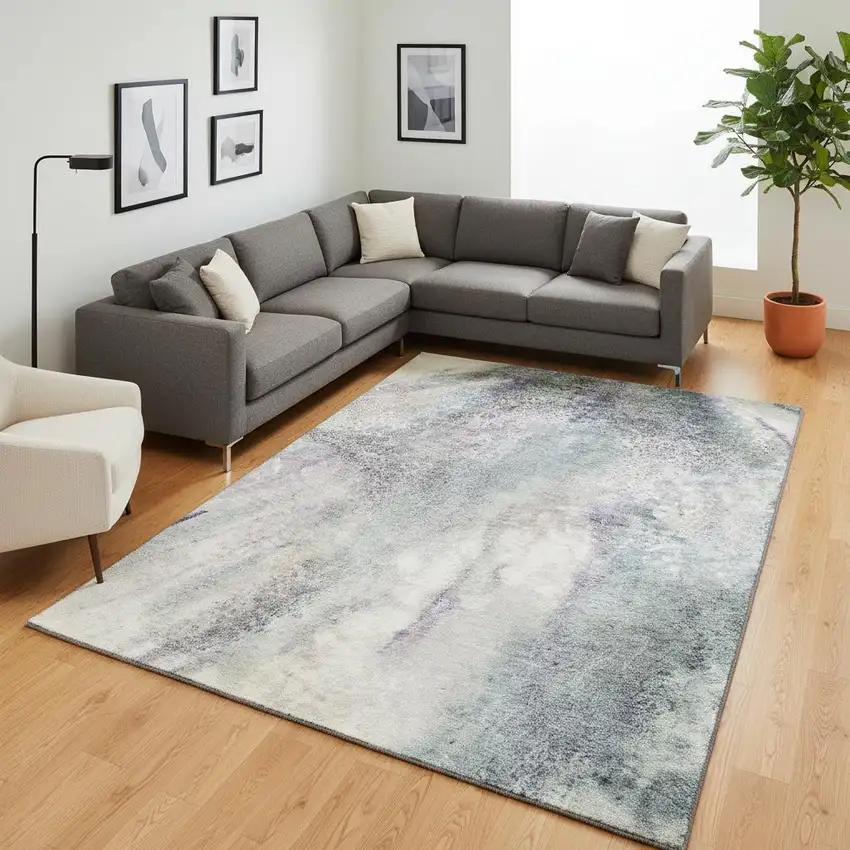 Ivory And Purple Abstract Washable Area Rug With UV Protection Photo 1