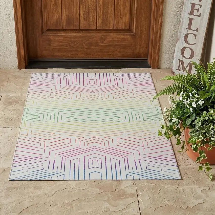 Ivory And Purple Geometric Washable Indoor Outdoor Area Rug Photo 1