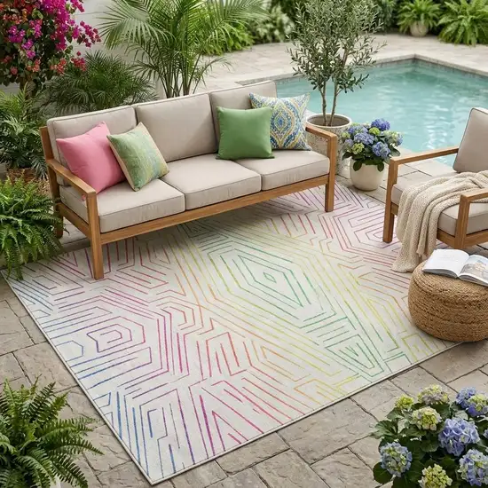 Ivory And Purple Geometric Washable Indoor Outdoor Area Rug Photo 1
