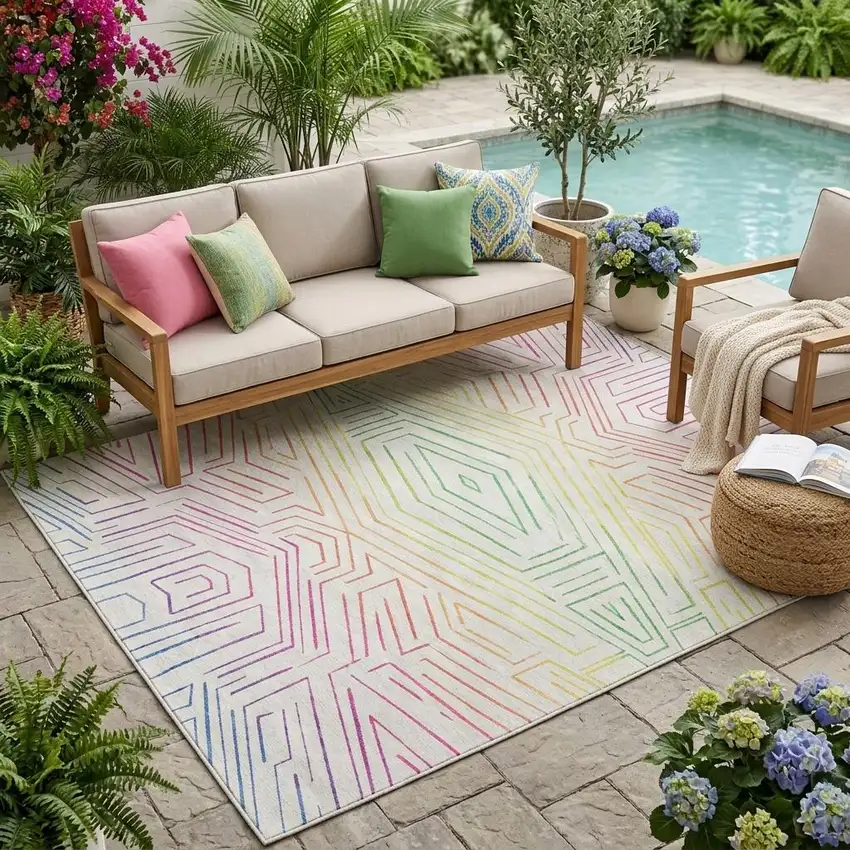 Ivory And Purple Geometric Washable Indoor Outdoor Area Rug Photo 1