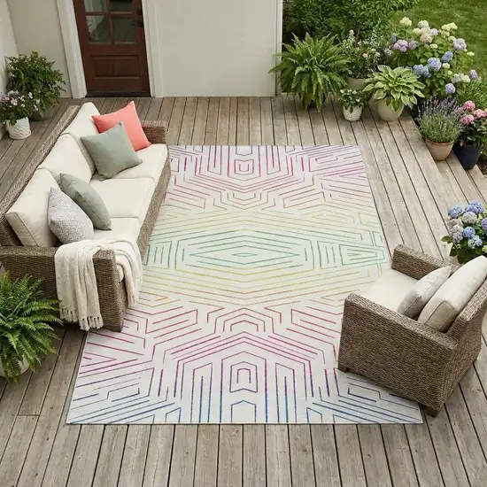 Ivory And Purple Geometric Washable Indoor Outdoor Area Rug Photo 1