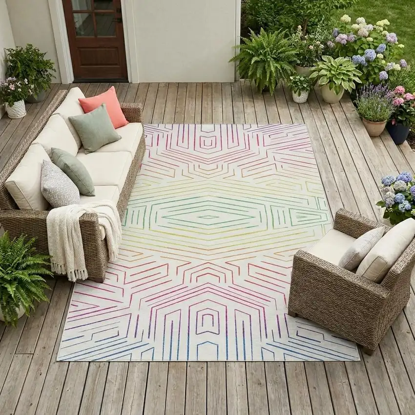 Ivory And Purple Geometric Washable Indoor Outdoor Area Rug Photo 1