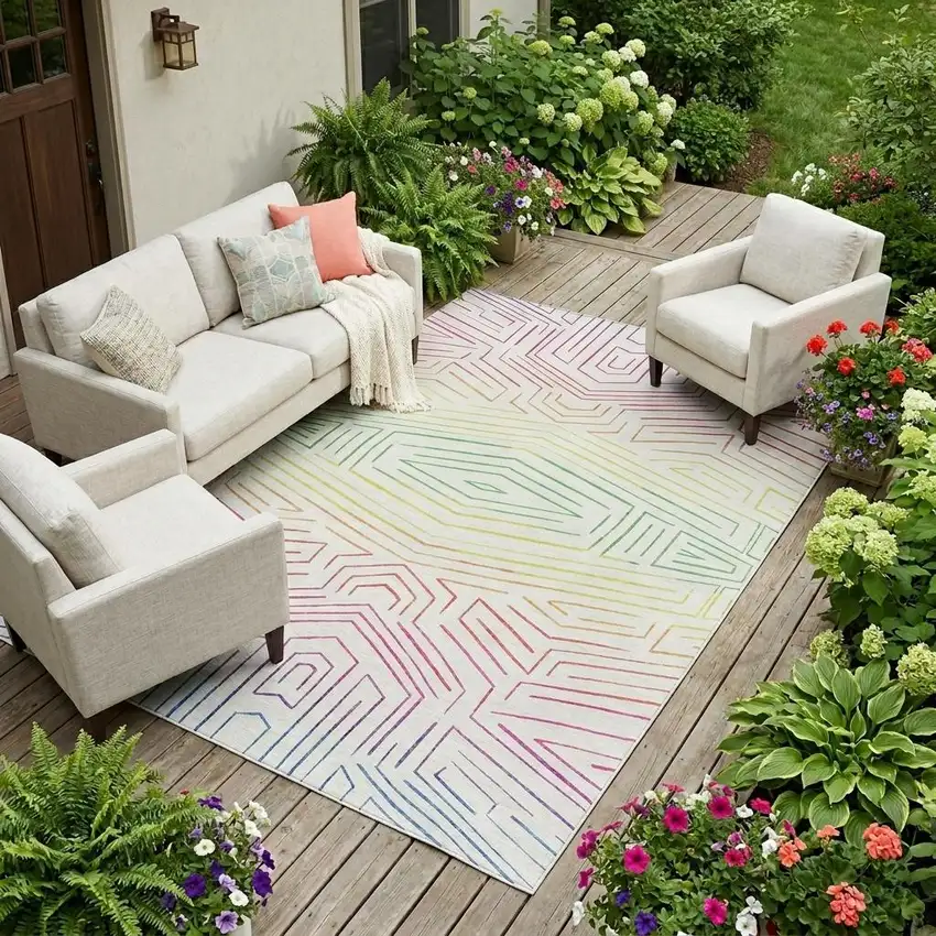 Ivory And Purple Geometric Washable Indoor Outdoor Area Rug Photo 1