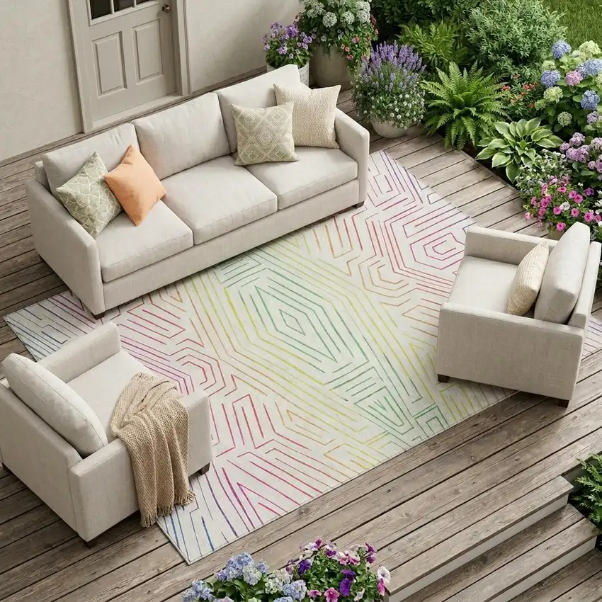 Ivory And Purple Geometric Washable Indoor Outdoor Area Rug Photo 1