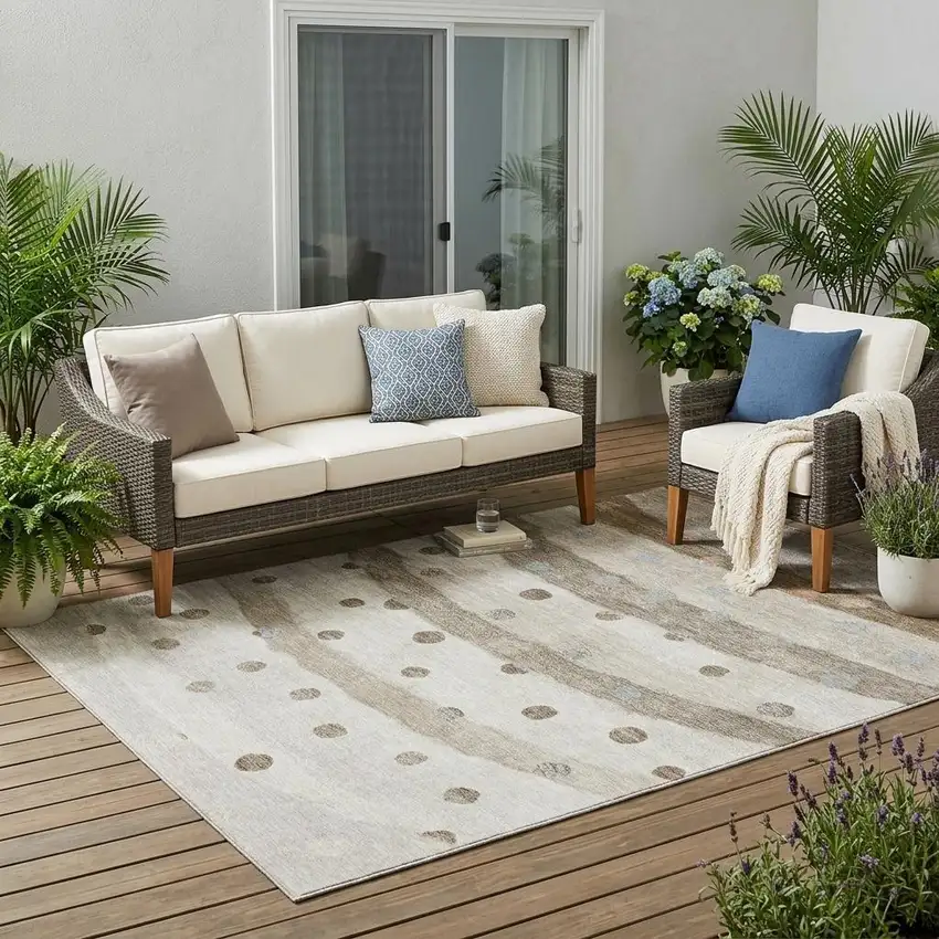 Ivory And Purple Striped Washable Indoor Outdoor Area Rug Photo 1
