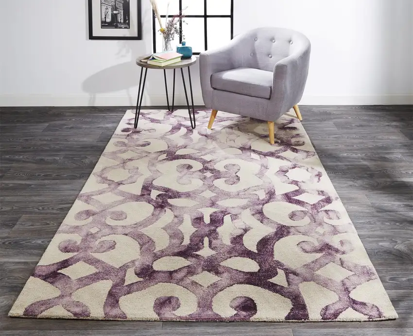 Ivory And Purple Wool Tufted Handmade Area Rug Photo 6