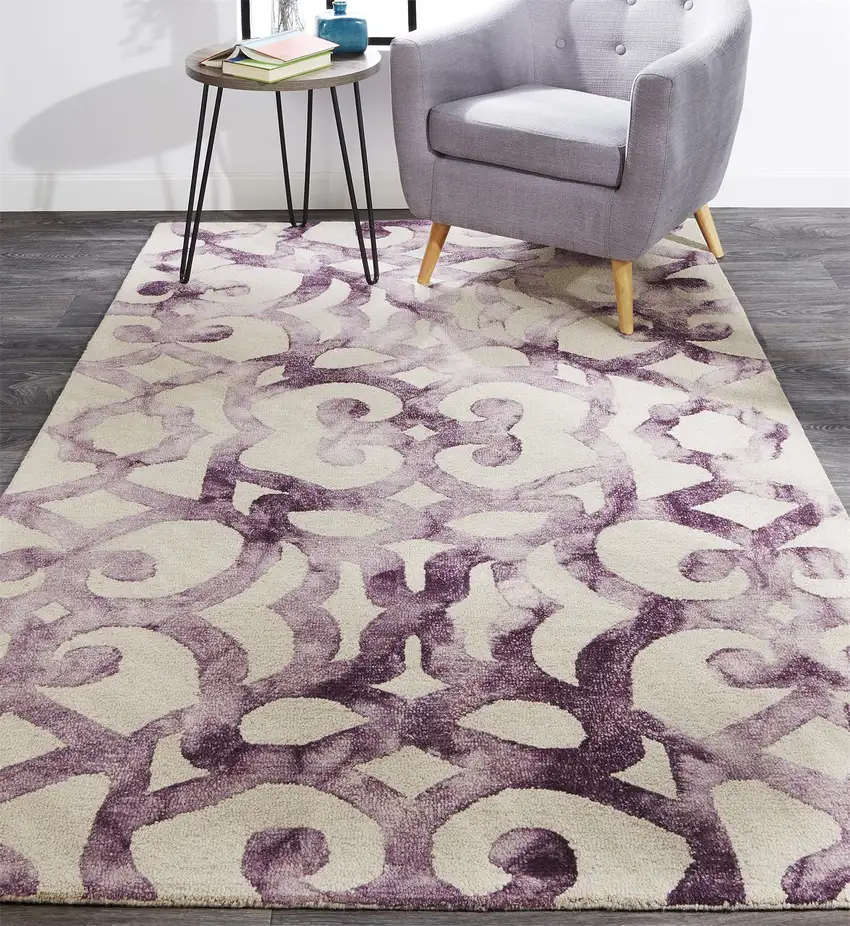 Ivory And Purple Wool Tufted Handmade Area Rug Photo 7