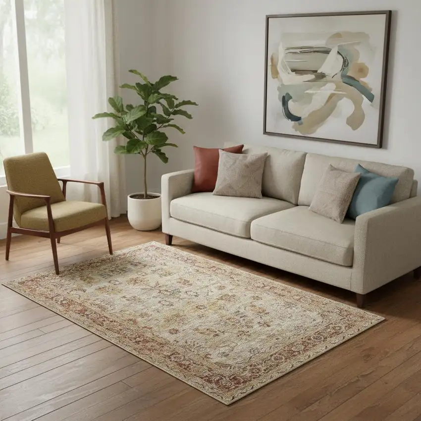 Ivory And Red Floral Distressed Area Rug Photo 1