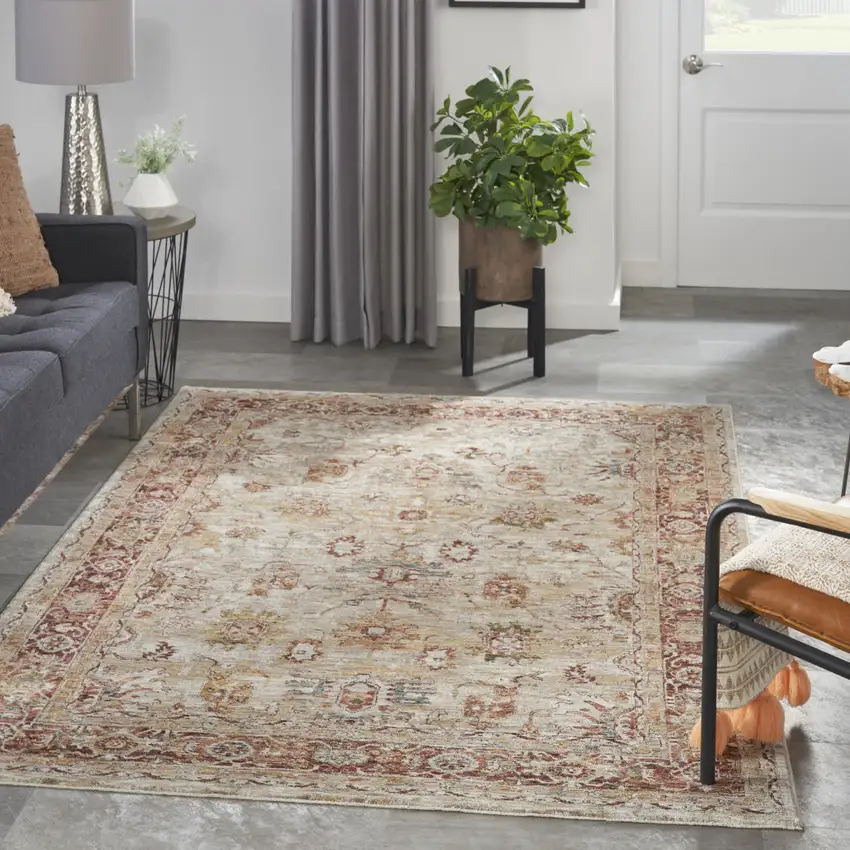 Ivory And Red Floral Distressed Area Rug Photo 4