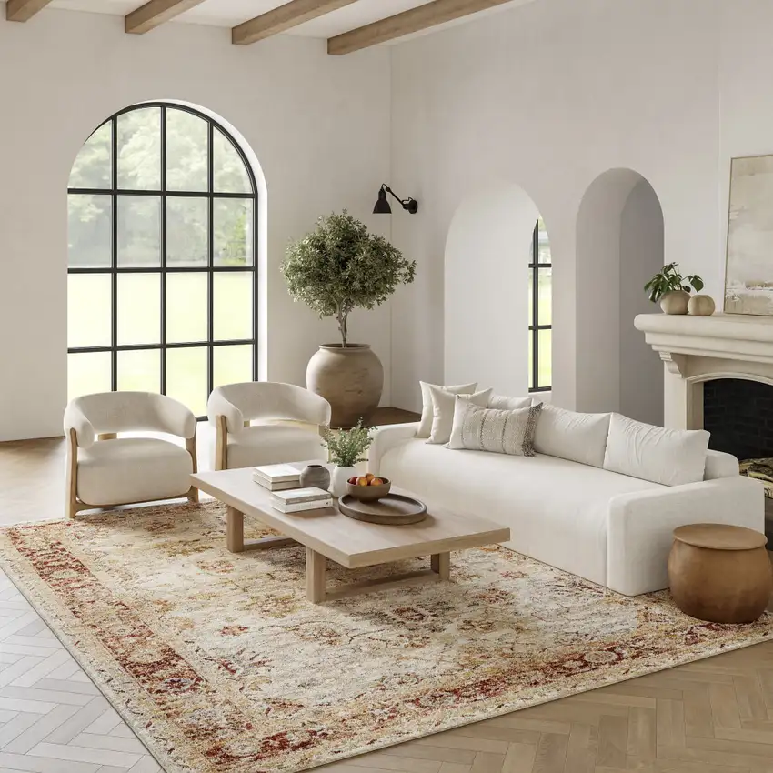 Ivory And Red Floral Distressed Area Rug Photo 5