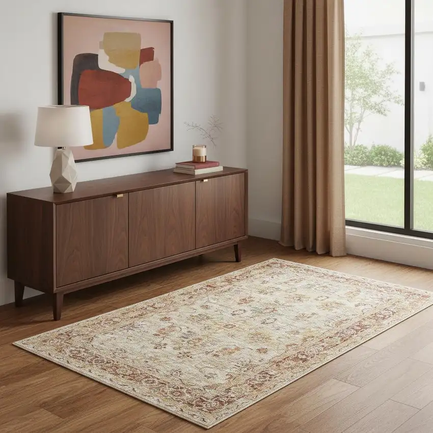 Ivory And Red Floral Distressed Area Rug Photo 1