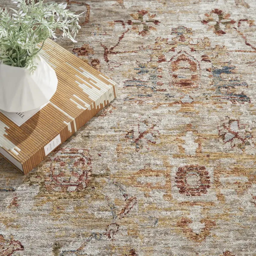 Ivory And Red Floral Distressed Area Rug Photo 7