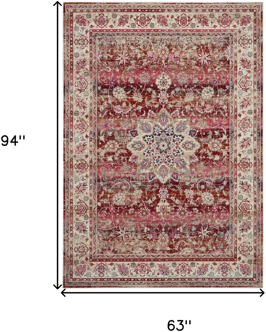 Ivory And Red Floral Distressed Area Rug Photo 3