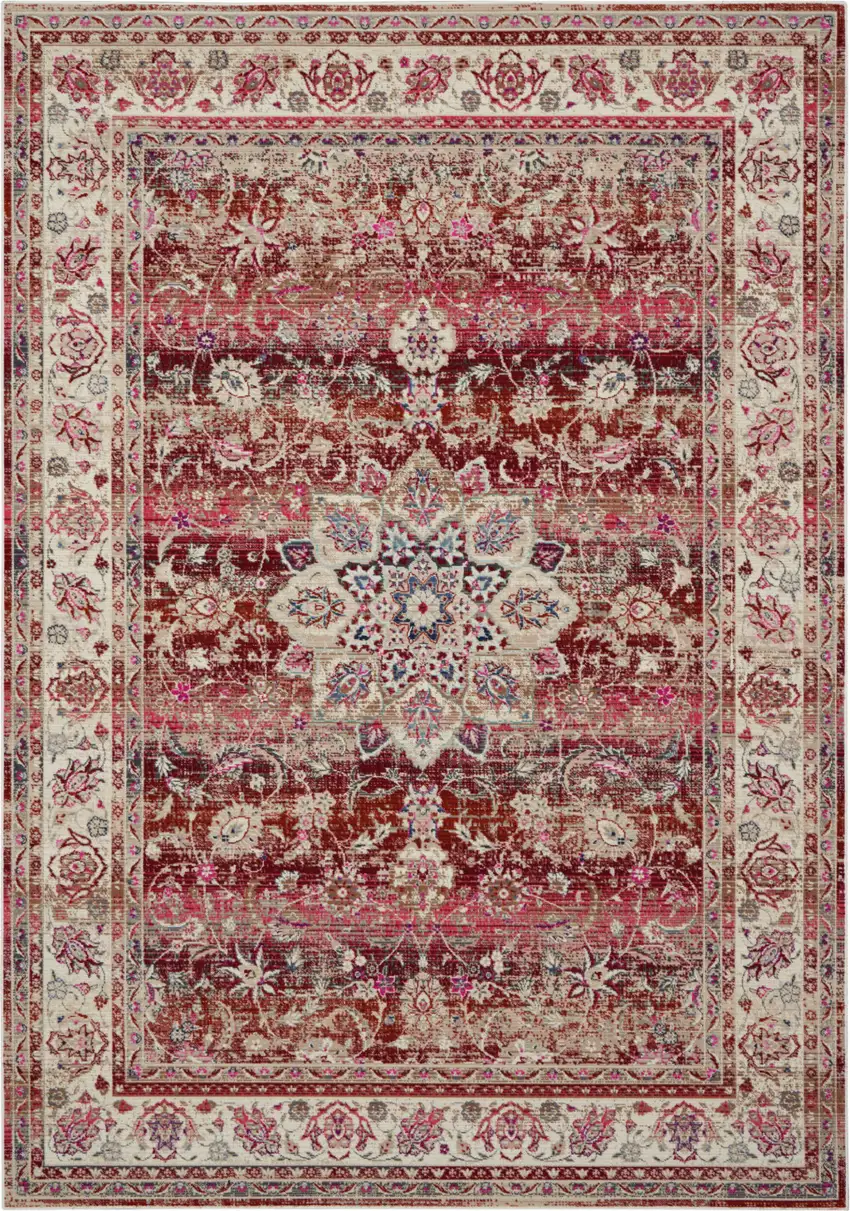 Ivory And Red Floral Distressed Area Rug Photo 9