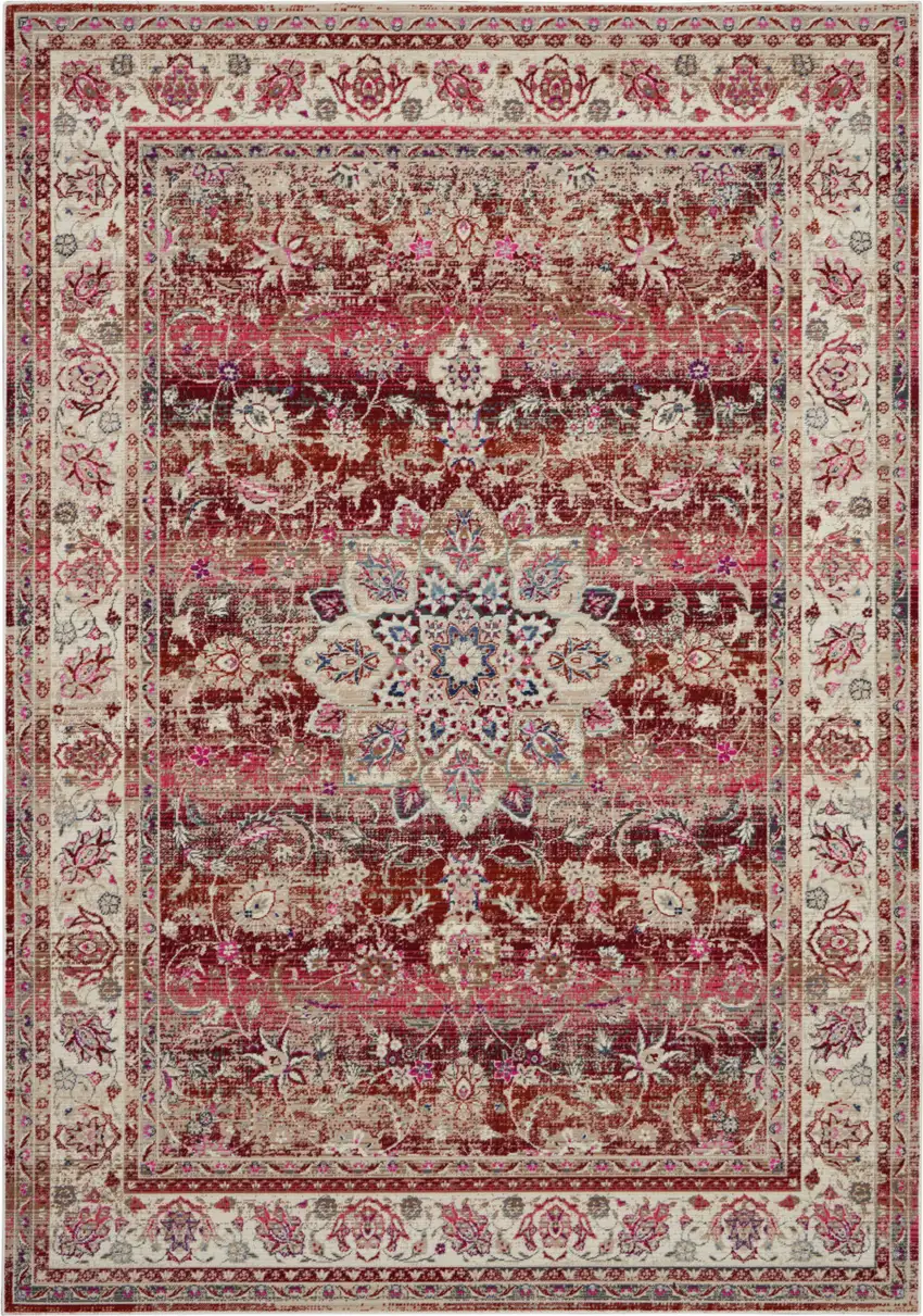 Ivory And Red Floral Distressed Area Rug Photo 2