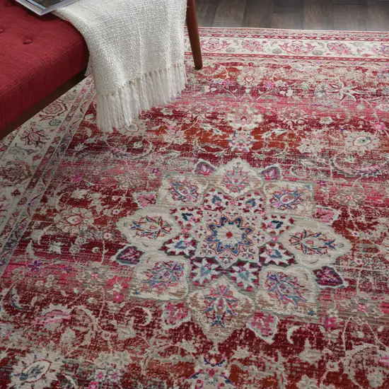 Ivory And Red Floral Distressed Area Rug Photo 4