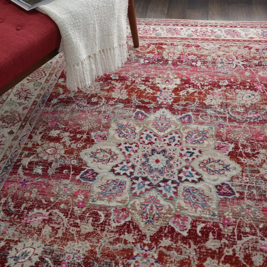 Ivory And Red Floral Distressed Area Rug Photo 4