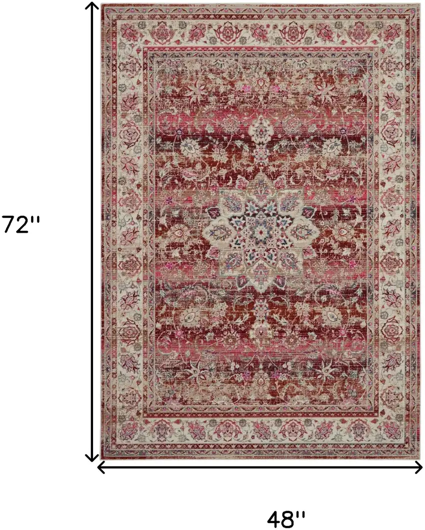 Ivory And Red Floral Distressed Area Rug Photo 3