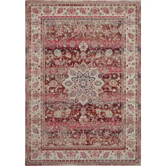 Ivory And Red Floral Distressed Area Rug Photo 1