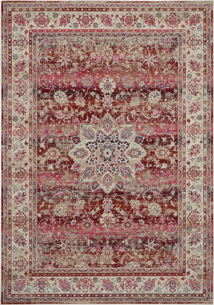 Ivory And Red Floral Distressed Area Rug Photo 1