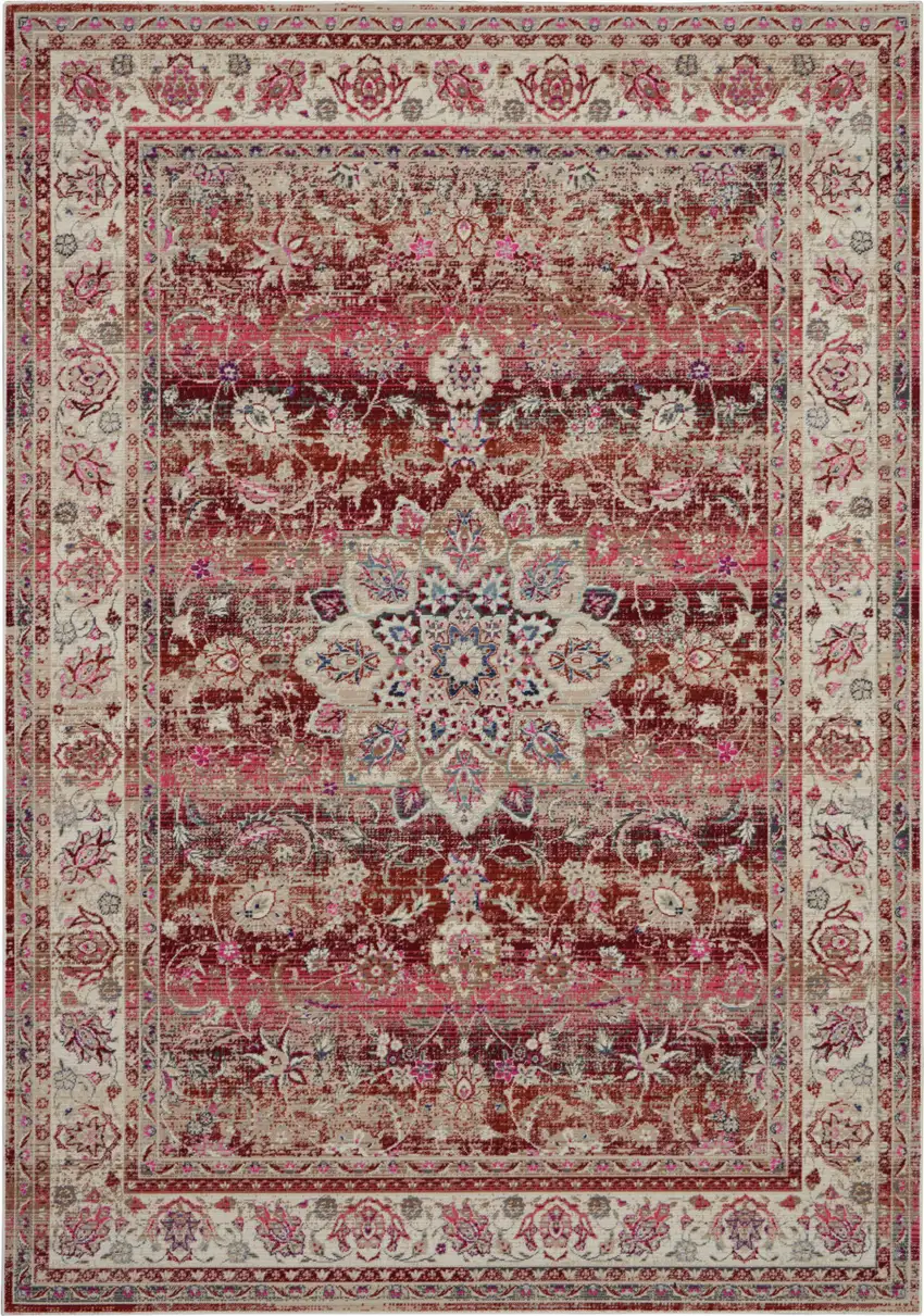Ivory And Red Floral Distressed Area Rug Photo 2