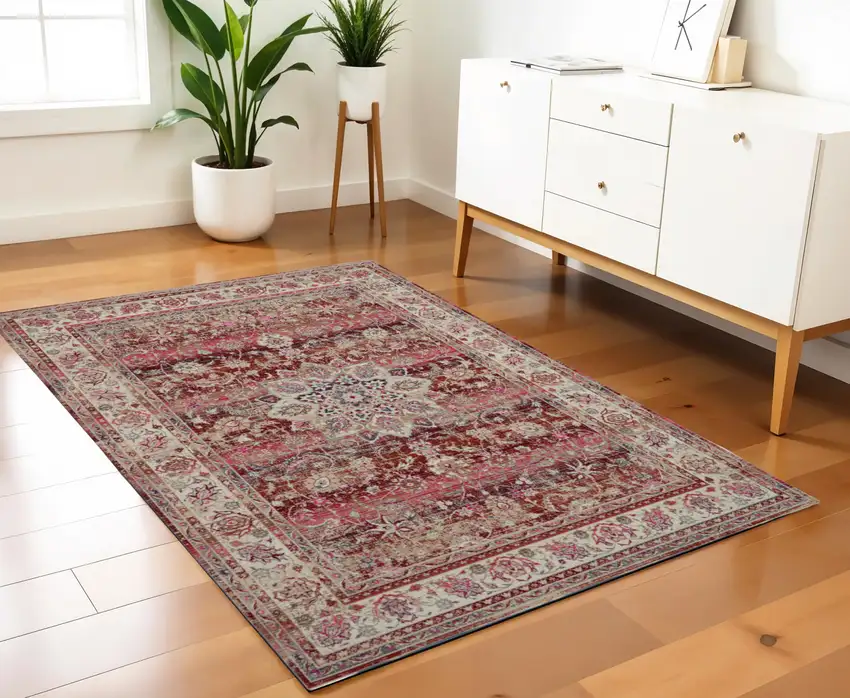 Ivory And Red Floral Distressed Area Rug Photo 1