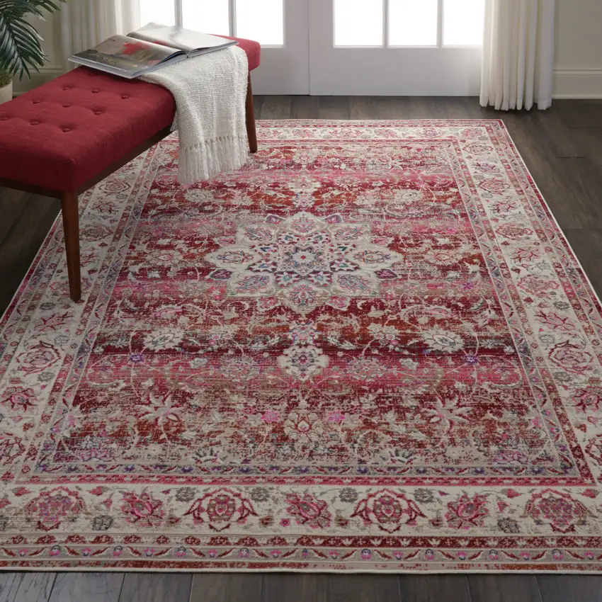 Ivory And Red Floral Distressed Area Rug Photo 3