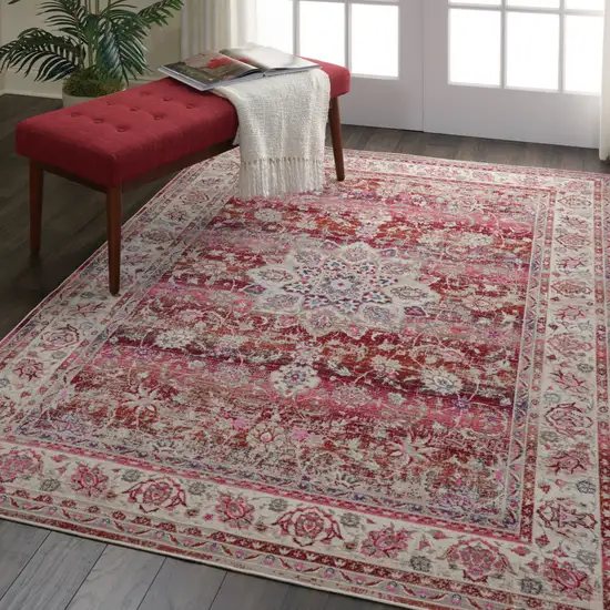 Ivory And Red Floral Distressed Area Rug Photo 5