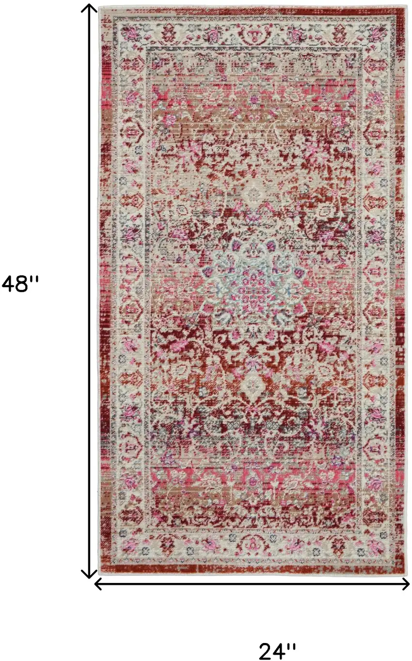 Ivory And Red Floral Distressed Area Rug Photo 3