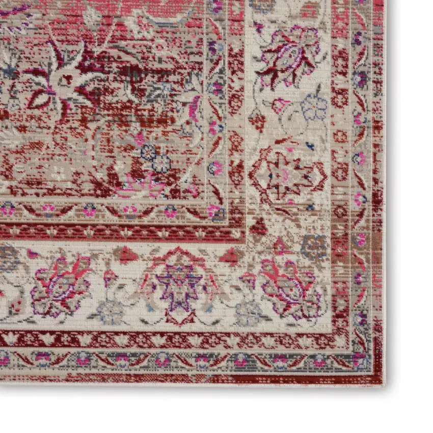 Ivory And Red Floral Distressed Area Rug Photo 5