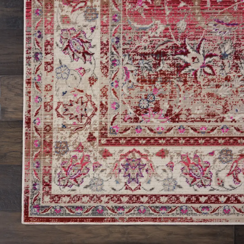 Ivory And Red Floral Distressed Area Rug Photo 4
