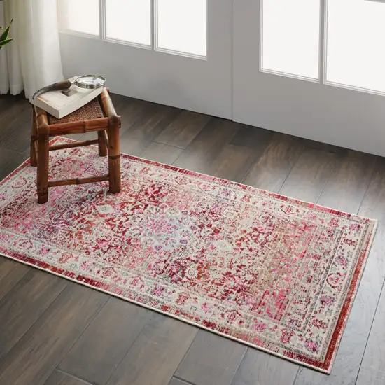 Ivory And Red Floral Distressed Area Rug Photo 7