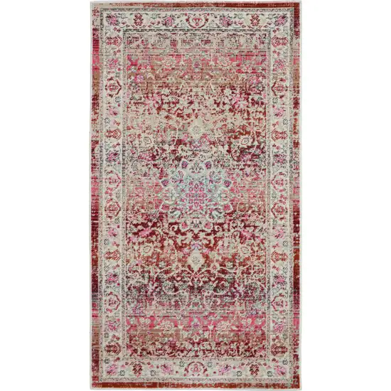 Ivory And Red Floral Distressed Area Rug Photo 1